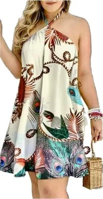 Mujeres Pavo Real L Rayas Espalda Abierta Sin Mangas Bohemio Retro Halter Mini Vestido Foto 1 de 4