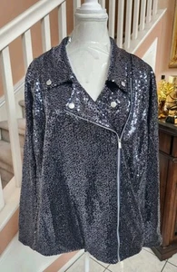 NWT COLLEEN LOPEZ HSN Black Silver Sequin Side Zipper 2-Way Moto Jacket Sz 2X - Picture 1 of 17