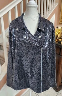 Chaqueta de moto bidireccional con cremallera lateral lentejuelas plateadas negra colleen lopez hsn nueva con etiquetas talla 2X  Foto 1 de 4