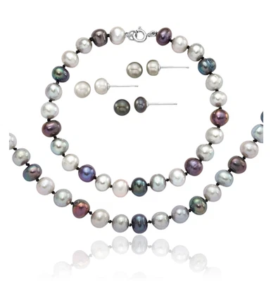 925 Sterling Silver 6mm Grey Black Round Freshwater Cultured Pearl Necklace ... - Image 1 of 4