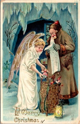 Antigua postal en relieve de 1900 marrón traje de Papá Noel juguetes y ángel Foto 1 de 2