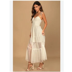 Lulus Romantic Spot Cream Polka Dot Mesh Tiered Midi Dress Casual Fairy Size Sm - Picture 1 of 10