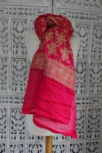 Pinky red silk chiffon banarsi gold bollywood dupatta chunni shawl SKU19184 - Picture 1 of 10