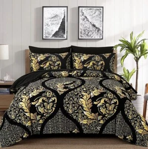 Black & Gold Quilted 7 Piece Comforter & Fitted/Flat Sheet Set Pillowcases - Picture 1 of 12