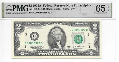 2003A Philadelphia $2 FRN Harder to Find CD Block PMG 65 EPQ Gem Unc Sheet Note - Image 1 of 4