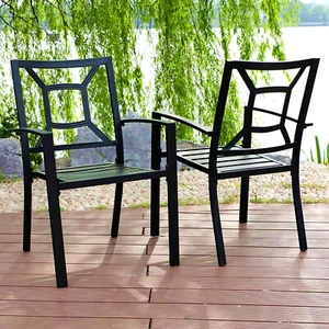 Patio Chair Set of 2 Outdoor Dining Chairs Stackable Metal Armrest Chairs Black - Picture 1 of 11