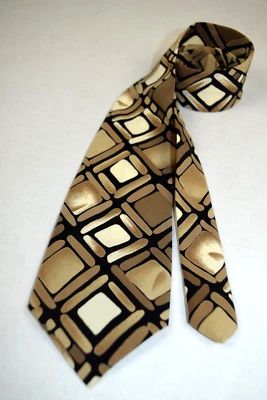 Neck Tie VTG 30s 40s Hand Made Short Tie Tan black Silk 41" x 3" - Image 1 of 4
