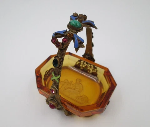 Vintage Amber Cut Glass Basket Miniature Enamel & Colours Stones 1940's FRANCE Cover