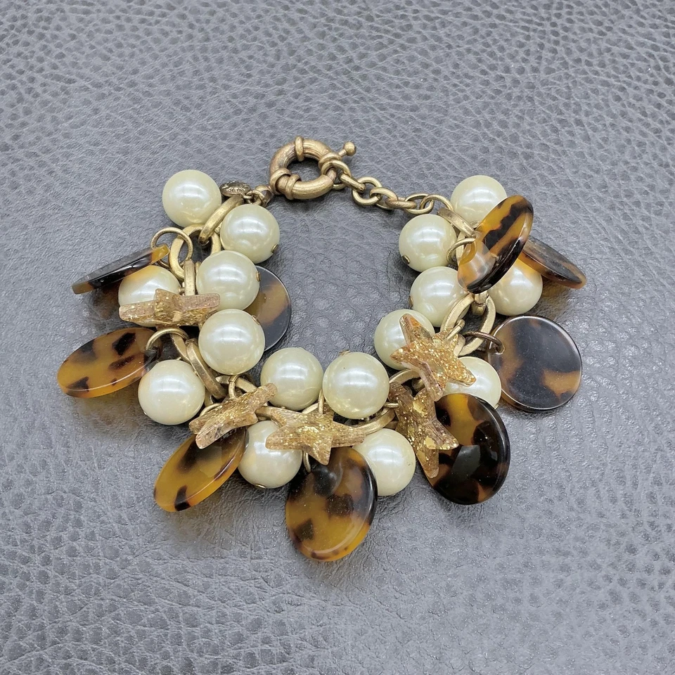 J.Crew Tortoise Disc Faux Pearl Star Charm Bracelet Gold Tone Spring Ring 7" - Image 1 of 4