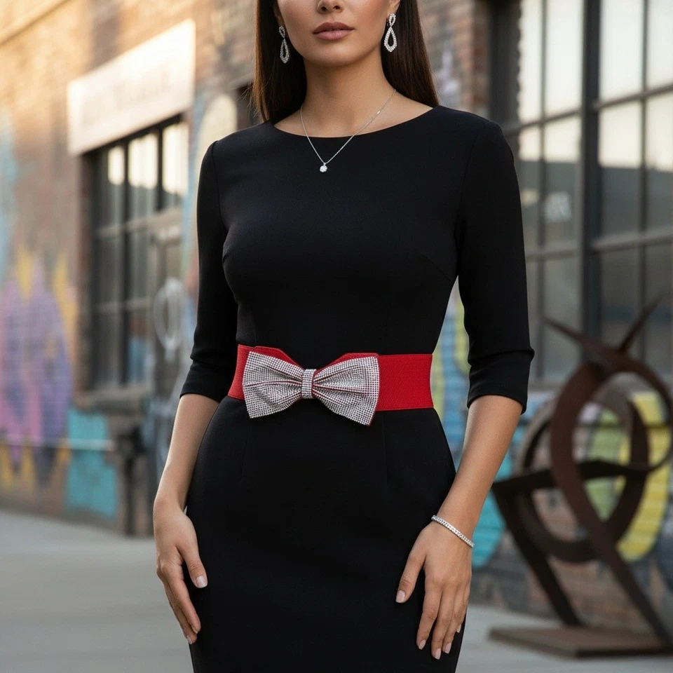 Mujeres Rojo Cintura Elástica Moda Fiesta Vacaciones Cinturón Bling Arco Hebilla Talla S M Foto 1 de 4