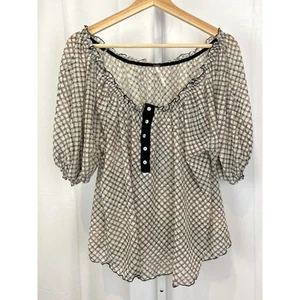 FREE PEOPLE Astra Peasant Top Puff Short Sleeve Boho Geometric Beige Size M - Picture 1 of 9