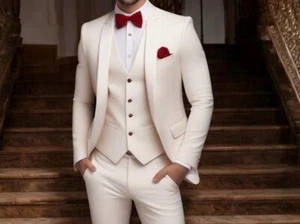 3 Piece Men’s Cream Suit Wedding Groomsmen Formal Wear, Tailored Luxe Gift Suit - Picture 1 of 4