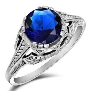 2CT Treated Blue Sapphire 925 Sterling Silver Victorian Style Ring Sz 6 XB3 - Picture 1 of 4