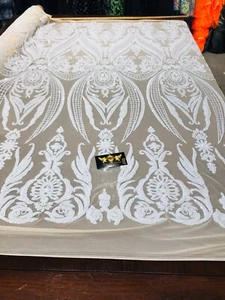 WHITE BIG DAMASK SEQUINS DESIGN ON A IVORY 4 WAY STRETCH MESH-BY YARD. - Picture 1 of 7