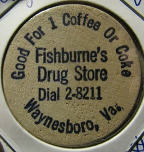 Vintage Fishburne's Drogerie Waynesboro, VA Holznickel - Token Virginia #1 - Bild 1 von 2