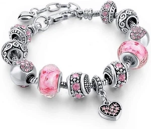 Juego de pulsera ajustable con dije de corazones rosas plateados 7,5+1,5" joyería regalo - Imagen 1 de 5
