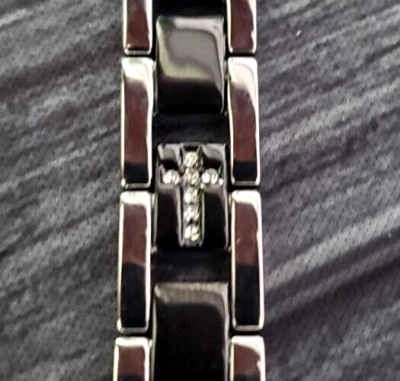 Stainless Steel Black and Silver Cross Link Men's Bracelet - Image 1 of 4