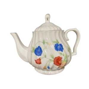 Royal Oak Ceramic Teapot Multicolor Pansies Floral With Lid Scalloped - Picture 1 of 10