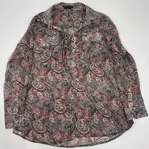 BCBG MAXAZRIA Shirt Womens Medium Lace Up Blouse Top Paisley Sheer Multicolor - Picture 1 of 7