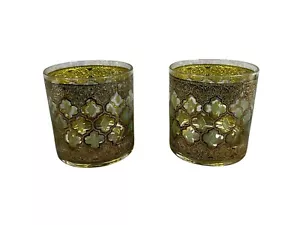 Culver Valencia Lowball Rock Glass Tumbler Green Gold Diamond Mid Century Pair - Picture 1 of 5
