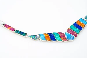Multi-colored Fire Opal Necklace Statement Collar Jewelry Sterling Silver Chain - Picture 1 of 12