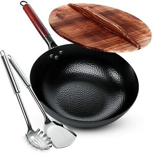 Carbon Steel Wok Pan, Stir Fry Wok Set with Wooden Lid and Spatulas - Non-Stick
