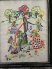 Vtg Victorian Girls Crewel Embroidery Hand-made Kids Picture Dancing Maypole Art