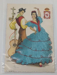 Lady in Silk Embroidered Dress Andalucia Artist Signed Madrid Spain Postcard - Picture 1 of 4
