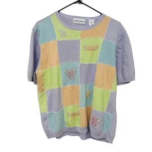 Cottagecore Patchwork Embroidered Butterfly Knit Short Sleeve Sweater L Pastel - Picture 1 of 8