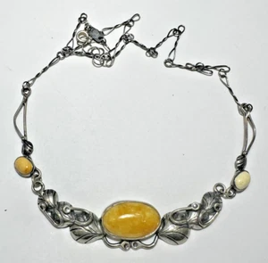 Art Nouveau Sterling Silver Flower Leaves Butterscotch Amber Vintage Necklace - Picture 1 of 6