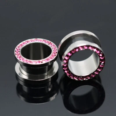 PAIR Large CZ Gem Rimmed 316L Surgical Steel Screw Fit Plugs Tunnels Gauges - Image 1 of 4
