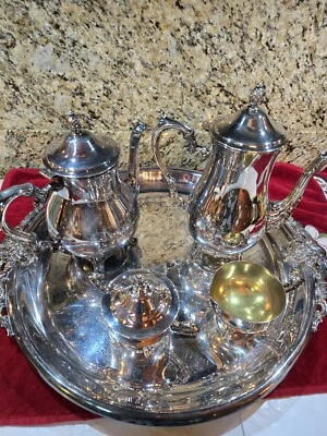 5-pc set Wallace Baroque silver plate tea set and coffee service  - Image 1 of 4
