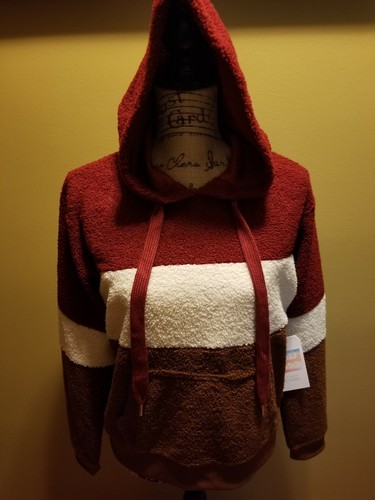 OFF WHITE NWT Juniors Cali 1850 Hooded Sweatshirt Striped Sherpa Burgundy Cream Brown M