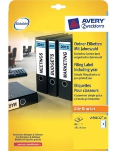 Avery 80X Dossier Étiquettes Dos A4 Large 2012 Autocollants - Afbeelding 1 van 4