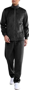 COOFANDY Men 2Pc Velvet Set Zipper Jacket Elastic Pant Black Velour Tracksuit L - Picture 1 of 9
