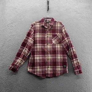 WESC Long Sleeve Flannel Button Down Shirt Medium Red Ivory Plaid Mens Shacket - Picture 1 of 15