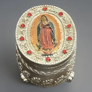 Our Lady Of Guadalupe Oval Ornate Decorative Silver Trinket Ring Box w/Lid Vtg - Picture 1 of 15