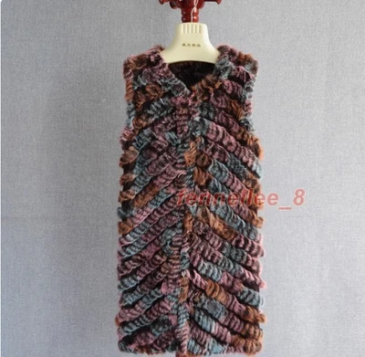 Rabbit Fur Woven Vest Pure Hand-woven Colorful Real Fur Gilet Mid Long Coats - Image 1 of 4