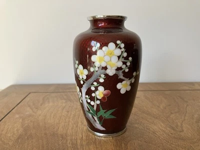 Japanese antique cloisonne enamel vase ox blood red flowers fine perfect old - Image 1 of 4