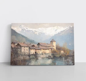 Impresión de pintura de colección Mountain Village Lake sobre lienzo enmarcado arte de pared europeo - Imagen 1 de 15