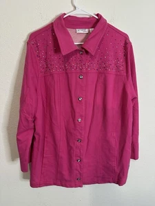 Dream Jeannes Quacker Factory Bedazzled Collar Pink LongLine Denim Jacket Sz 1XL - Picture 1 of 9