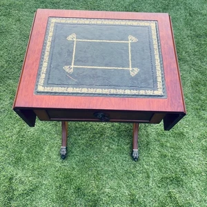 Art Deco Foldable Side Games End Table Leather Gold Leaf Top Brass Claw Casters - Picture 1 of 22