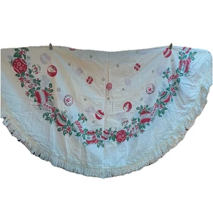 Christmas Table Cloth Ornaments Round 60 In. Vintage Cotton With Fringe - Picture 1 of 8