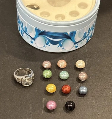 Size 6 Silver Tone Ring 11 Faux Pearl Screw In Inserts Interchangeable Colorful - Image 1 of 4