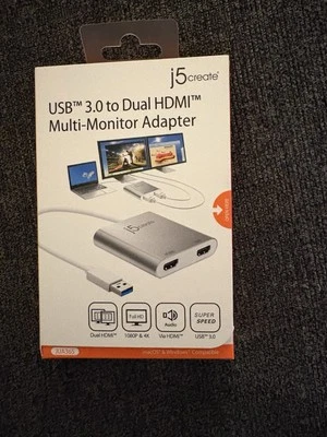 j5create JUA365 USB 3.0 to Dual HDMI Adapter – 1080p 4K – NEW – Mac/PC - Image 1 of 3