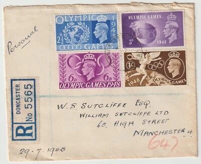 1948 OLYMPIC GAMES FDC REGISTERED DONCASTER YORKS TO W SUTCLIFFE MANCHESTER - Image 1 of 3