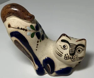 Vintage Mexican Folk Art Pottery Tonala Style Cat Figurine Signed Hand Painted - Picture 1 of 12
