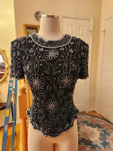 Papell Boutique Evening Womens Black Short Sleeve Beaded Top Silk Blouse Small - Picture 1 of 6