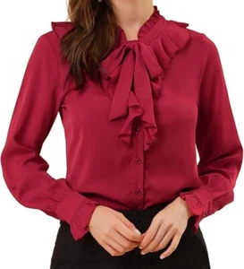 Women's Ruffle Neck Tie Neck Ruffle Cuff Button Front Solid Work Shirt - Picture 1 of 6