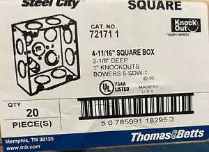 Paquete de 20 Steel City 721711 4-11/16"" caja cuadrada 2-1/8"" profundo 1"" nocauts - Imagen 1 de 4